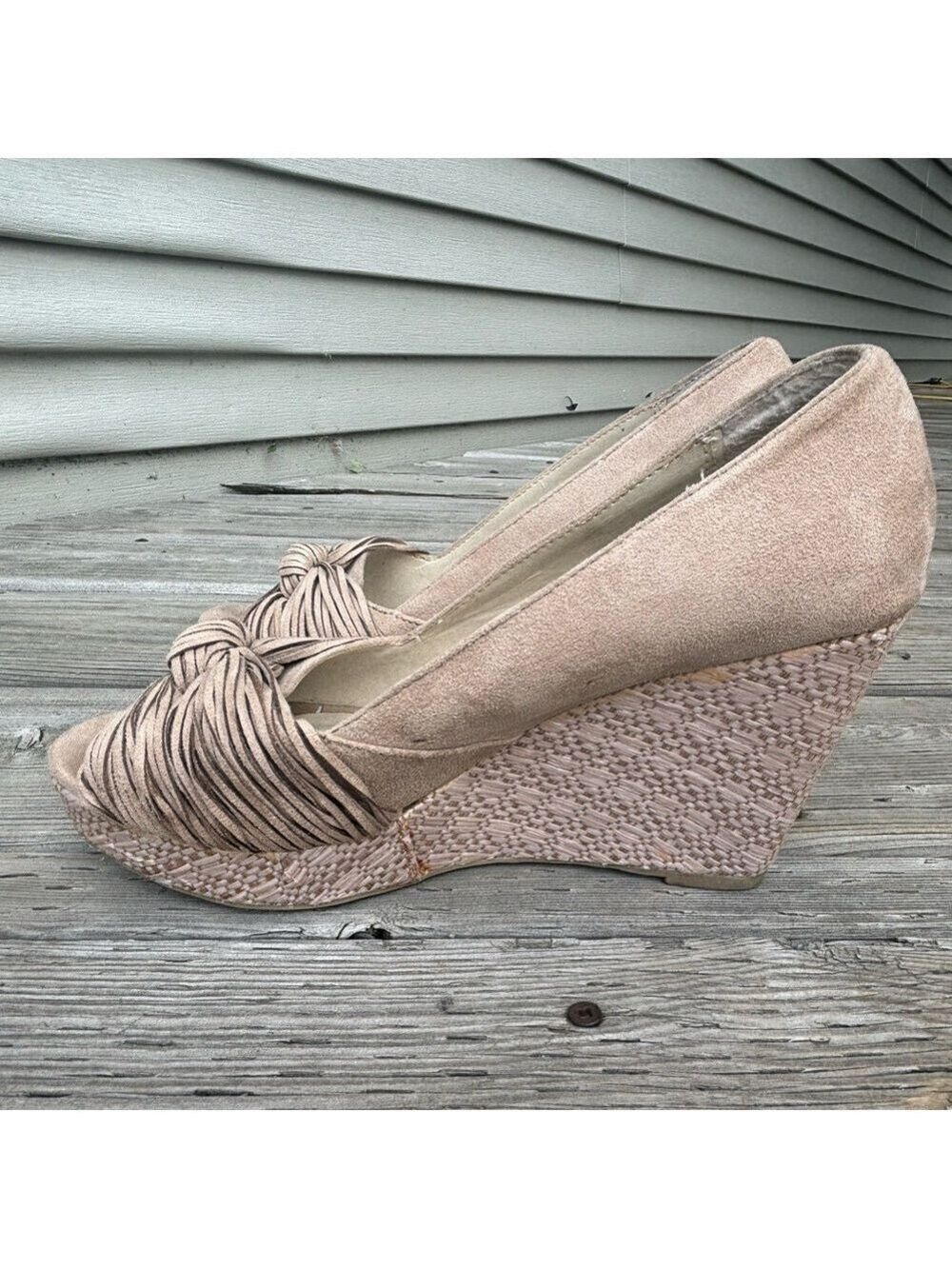 Soda Tan Peep Toe Wedge Shoes Textured Heel - Picture 2 of 5